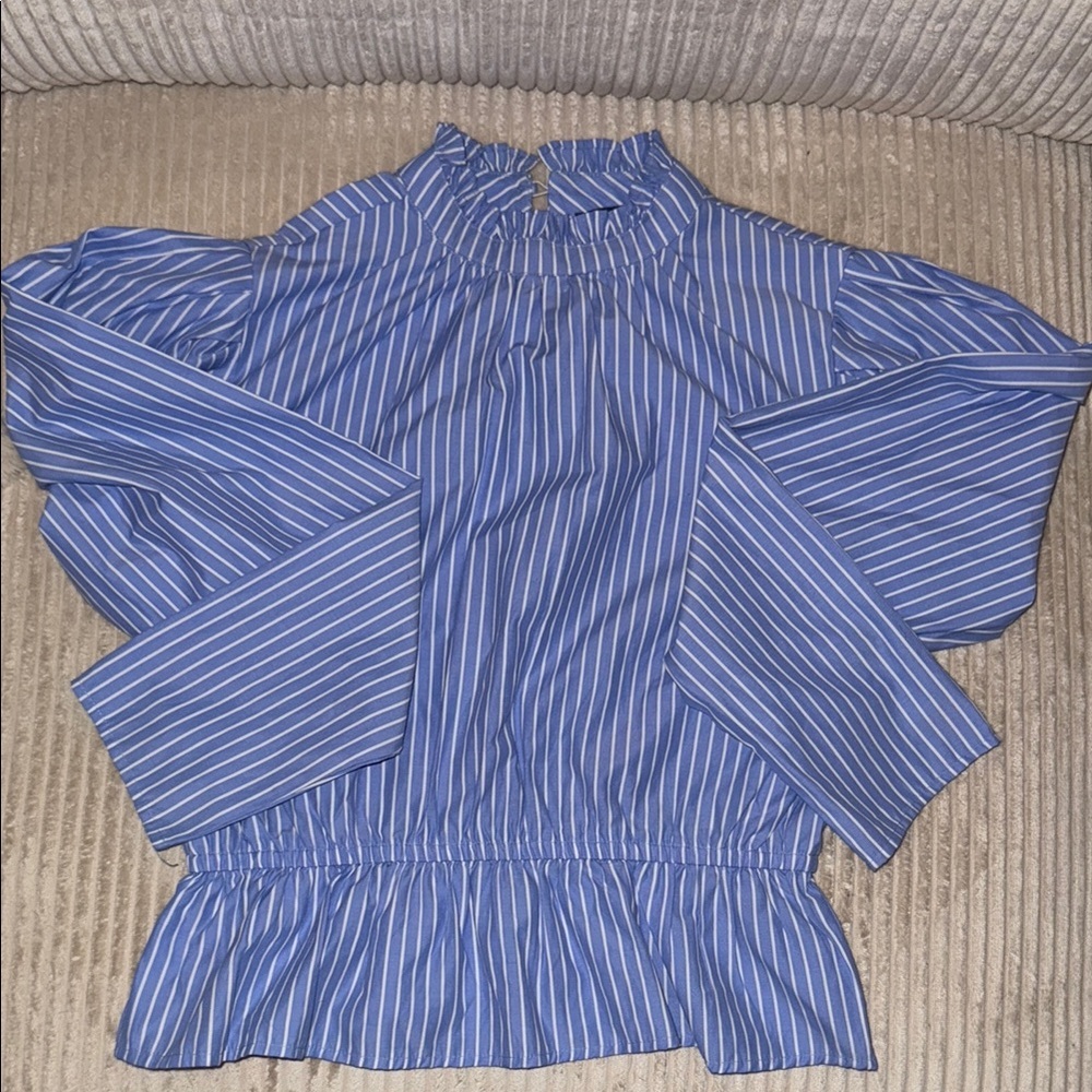 Blue and White Ruffled Long Sleeve Blouse (Peplum Style)
